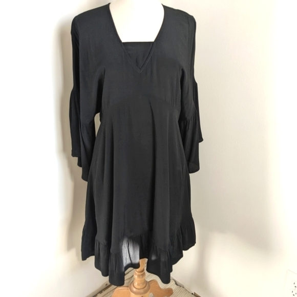 UNCLE Frank Black Dress With Ruffle Angel Sleeves V Neck M Whimsigoth Witchy - Picture 1 of 14
